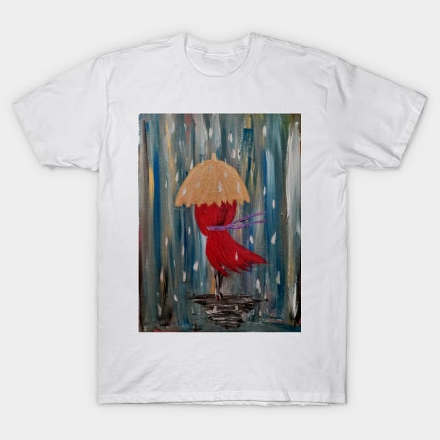 Lady walking in rain with her red button heals . T-Shirt by kkartwork